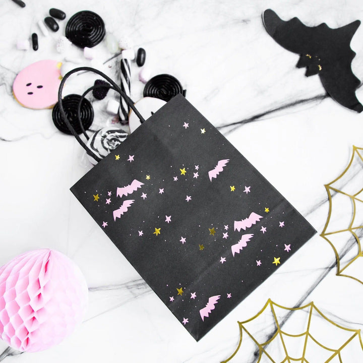 Halloween Party Bags - Bat Halloween Trick Or Treat Bags - Pink Bats - Black And Pink Paper Bags - Kids Halloween Bags - Pack of 6