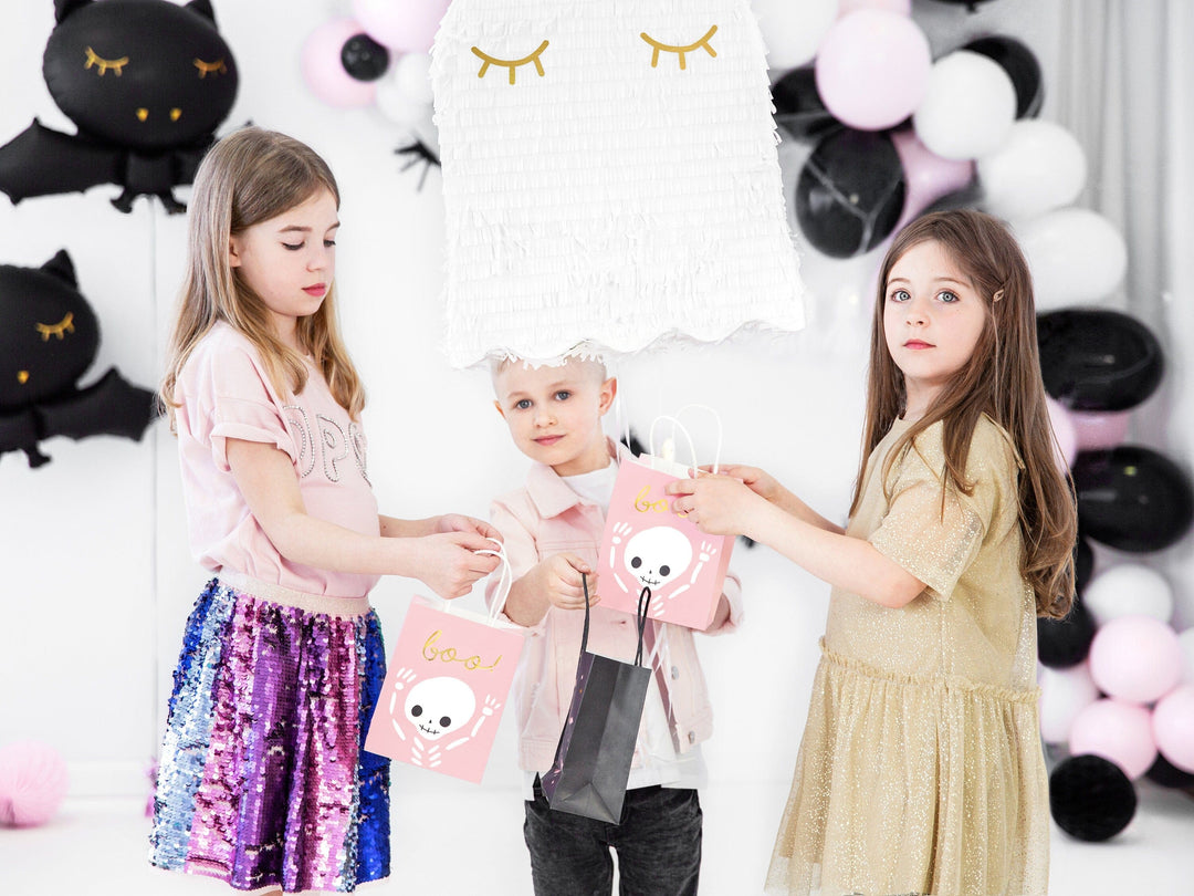 Halloween Party Bags - Pink Halloween Trick Or Treat Bags - Pink Bats - Boo Skeleton Paper Bags - Kids Halloween Bags - Pack of 6