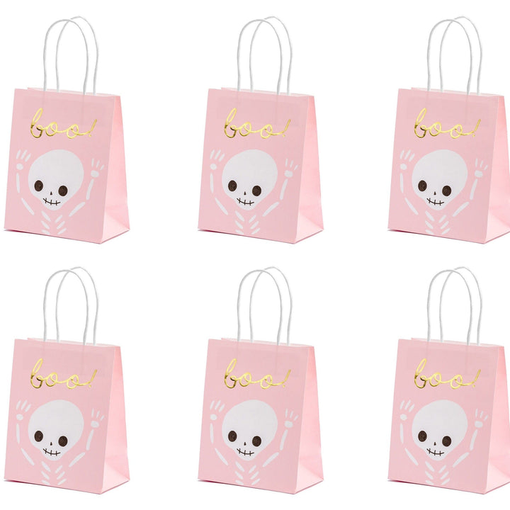 Halloween Party Bags - Pink Halloween Trick Or Treat Bags - Pink Bats - Boo Skeleton Paper Bags - Kids Halloween Bags - Pack of 6
