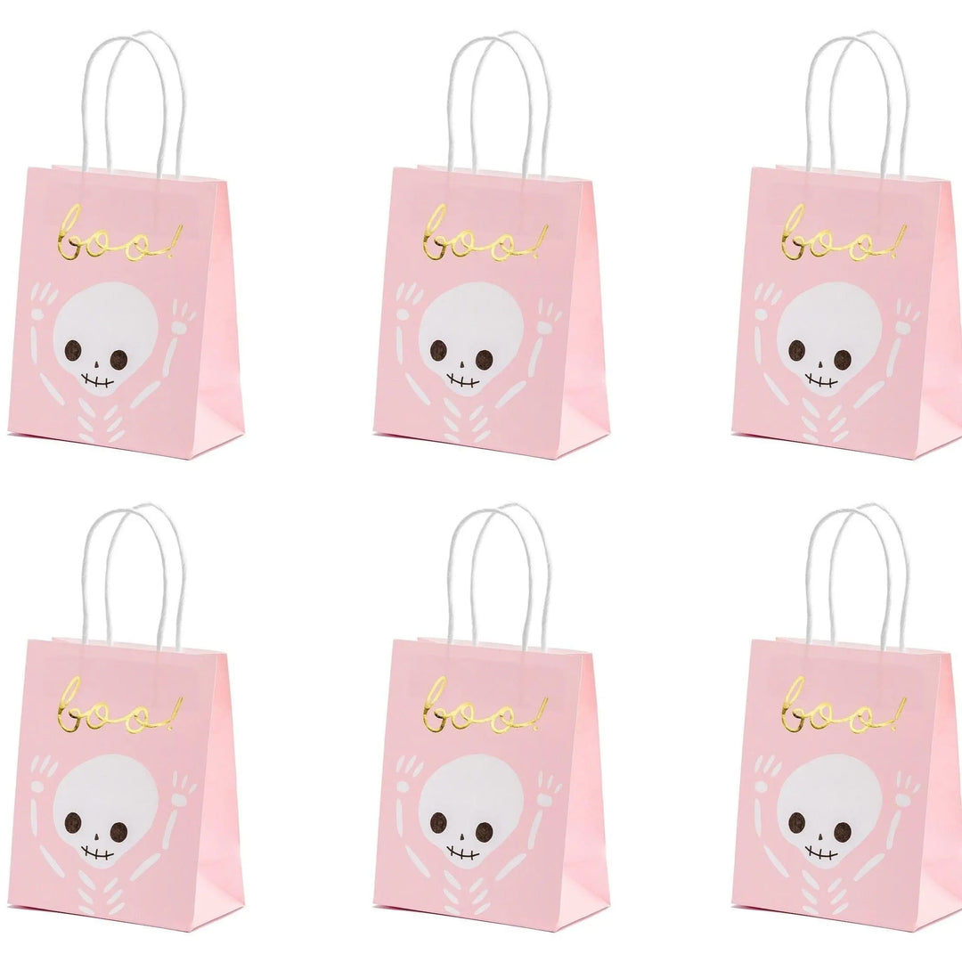 Halloween Party Bags - Pink Halloween Trick Or Treat Bags - Pink Bats - Boo Skeleton Paper Bags - Kids Halloween Bags - Pack of 6