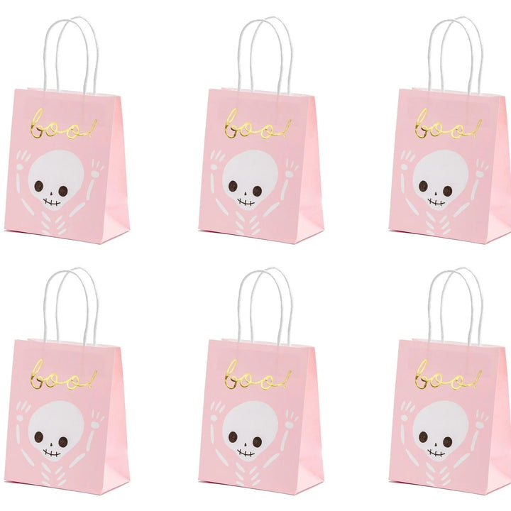 Halloween Party Bags - Pink Halloween Trick Or Treat Bags - Pink Bats - Boo Skeleton Paper Bags - Kids Halloween Bags - Pack of 6