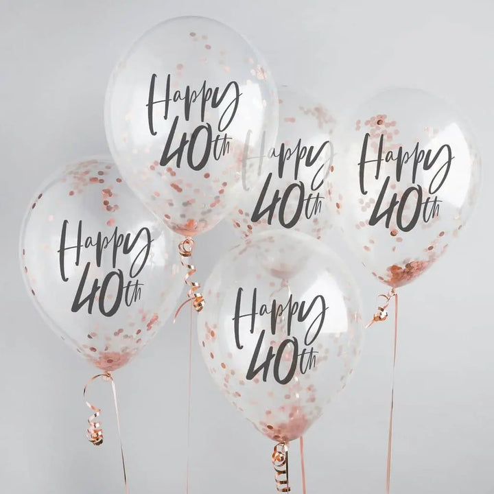 Happy 40th Rose Gold Confetti Balloons - 40th Birthday Balloons - Rose Gold 40th Birthday Decorations - Party Decorations - Pack of 5