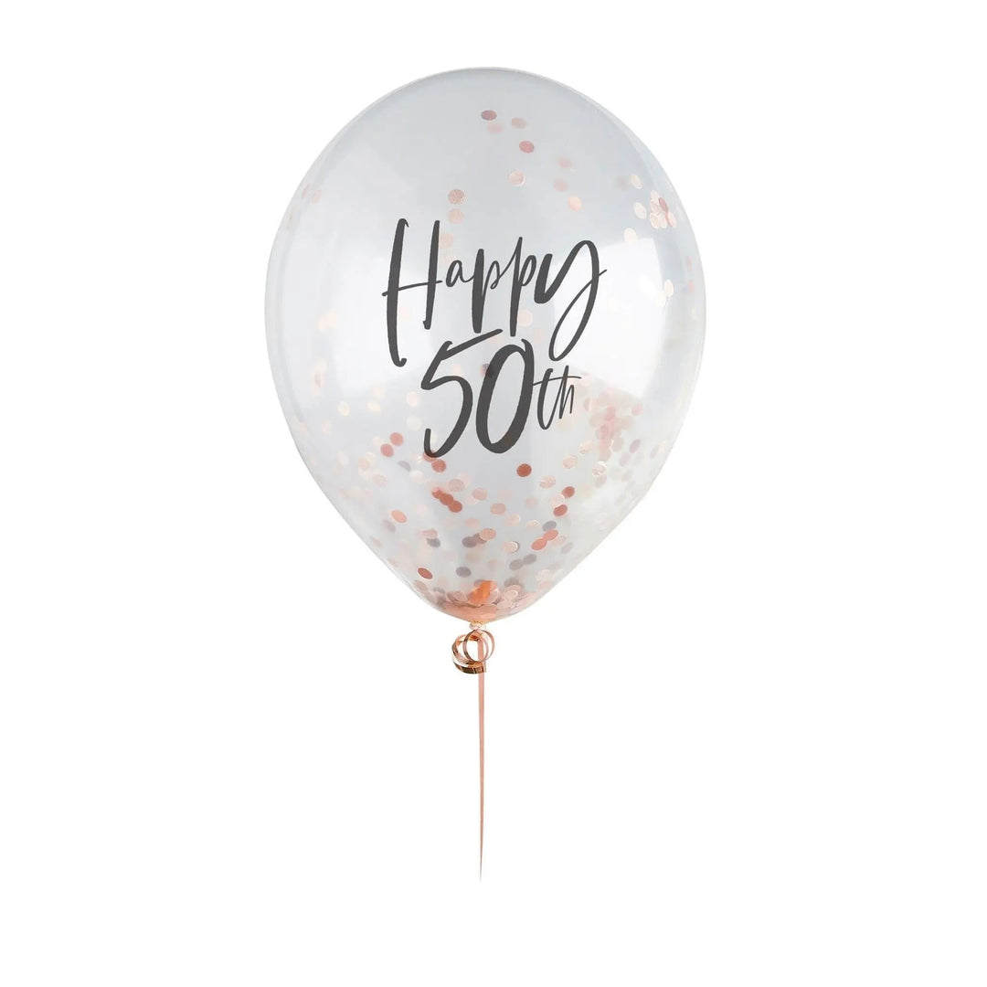 Happy 50th Rose Gold Confetti Balloons - 50th Birthday Balloons - Rose Gold 50th Birthday Decorations - Party Decorations - Pack of 5