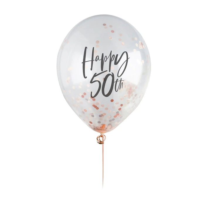 Happy 50th Rose Gold Confetti Balloons - 50th Birthday Balloons - Rose Gold 50th Birthday Decorations - Party Decorations - Pack of 5