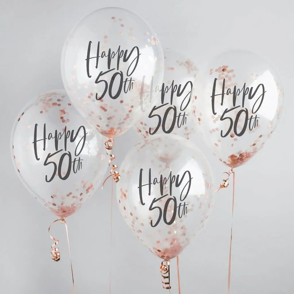 Happy 50th Rose Gold Confetti Balloons - 50th Birthday Balloons - Rose Gold 50th Birthday Decorations - Party Decorations - Pack of 5
