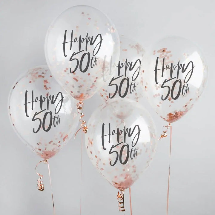 Happy 50th Rose Gold Confetti Balloons - 50th Birthday Balloons - Rose Gold 50th Birthday Decorations - Party Decorations - Pack of 5
