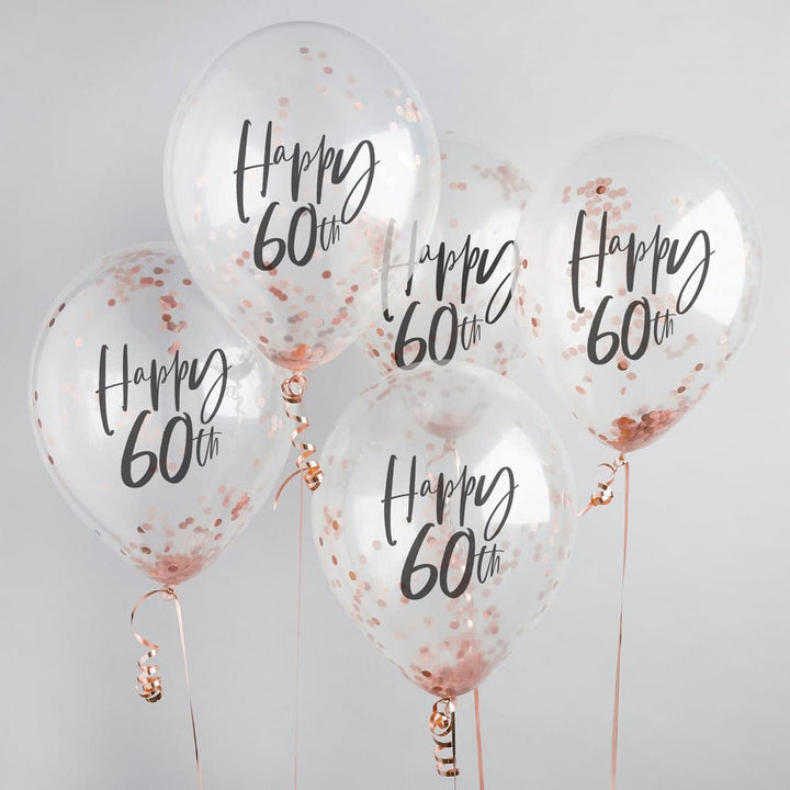 Happy 60th Rose Gold Confetti Balloons - 60th Birthday Balloons - Rose Gold 60th Birthday Decorations - Party Decorations - Pack of 5