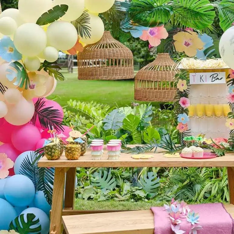 Hawaiian Palm Leaf Printed Hanging Lantern Decorations - Tropical Paper Lanterns - Aloha Themed Party - Birthday Party -Tiki Party-Pack of 3
