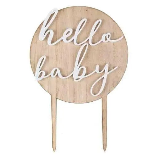 Baby Shower Cake Topper - Wooden Hello Baby Cake Topper - Botanical Baby Shower - Wood & White Acrylic Topper - Gender Neutral-Gender Reveal