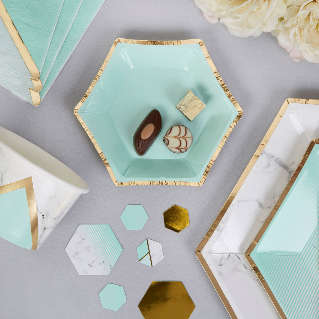 Mint and gold plates - Canapé paper plates - Hen party plates -Birthday paper plates-Hexagon plates-Party decorations-Party tableware-8 pack