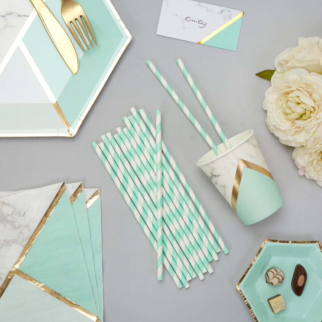 Mint teal paper straws-Mint and white striped paper straws-Birthday party straws-Hen party straws-Baby shower straws-Cake pop straws-25 pack