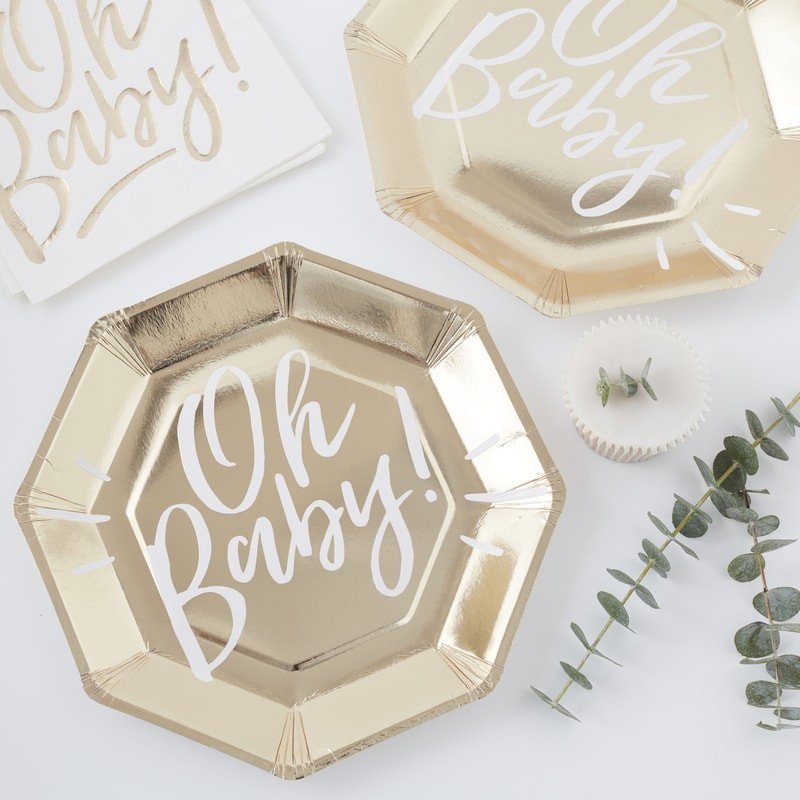 Gold and white baby shower - Oh Baby gold and white paper plates - Gold foiled plates - Baby shower decor - Baby shower tableware -Pack of 8
