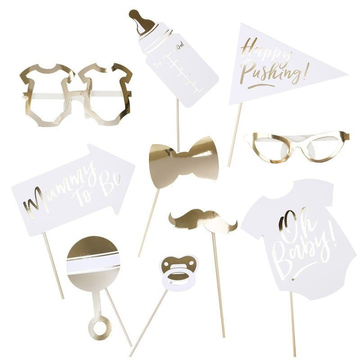 Baby shower photo booth props - Oh Baby gold and white photo booth props - Baby shower games - Gold and white baby shower props - Pack of 10