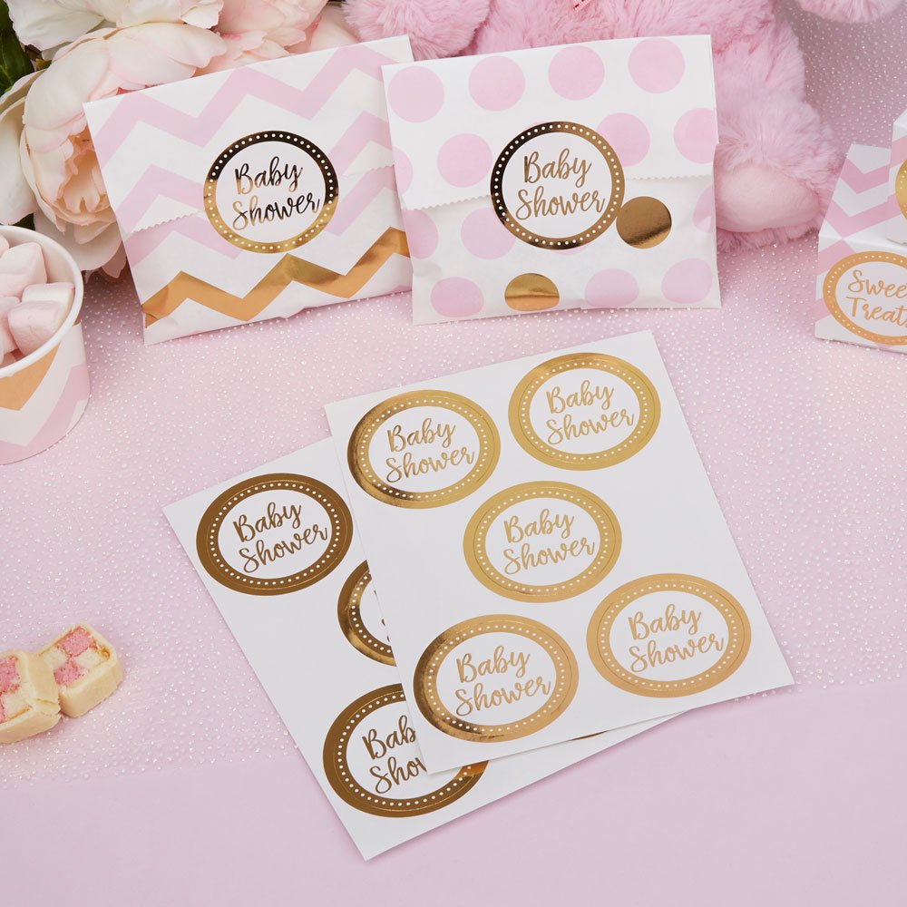 Baby shower stickers -Gold and white baby shower stickers-Gold foil stickers-Baby shower favour favor stickers-Party bag stickers-Pack of 25