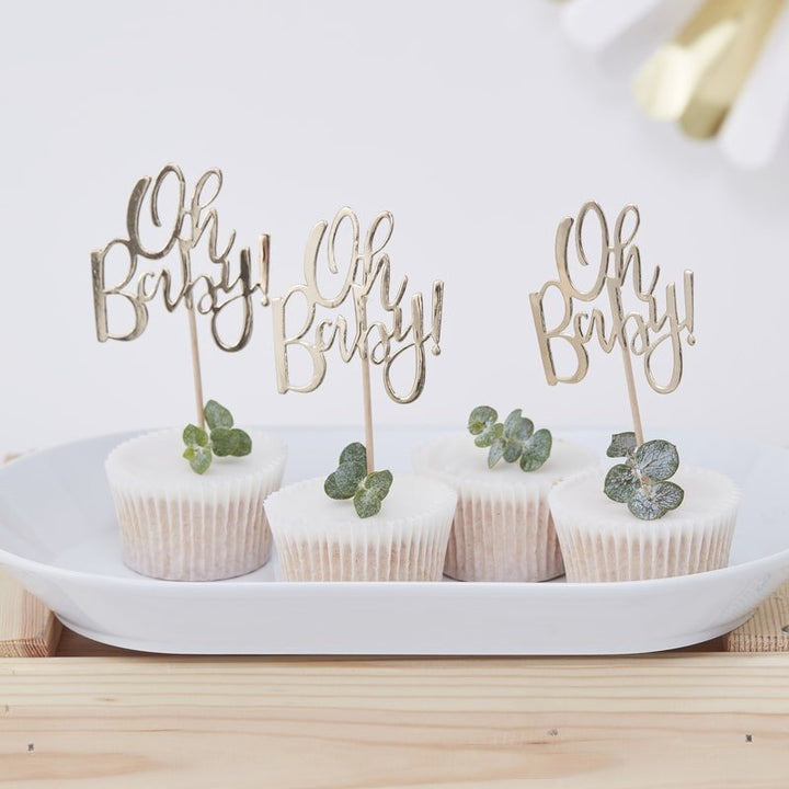 Gold Oh Baby! cupcake toppers - Gold foiled baby shower cupcake toppers - Baby shower decor - Gold baby shower - Cake toppers - Pack of 12