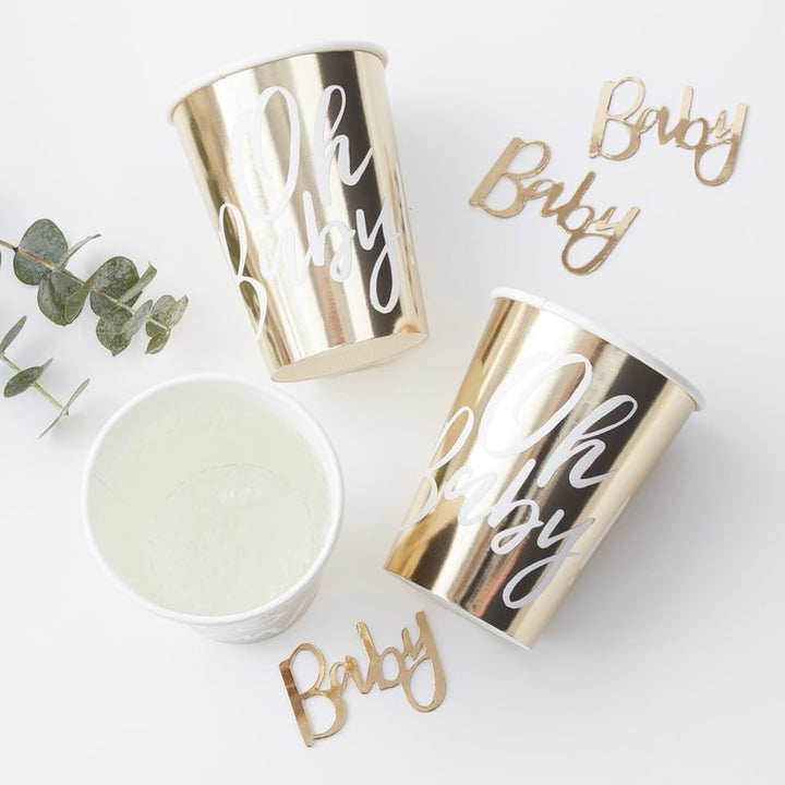 Gold Oh Baby! paper cups - Gold foiled baby shower paper cups - Baby shower tableware - Baby shower decor - Gold baby shower - Pack of 8