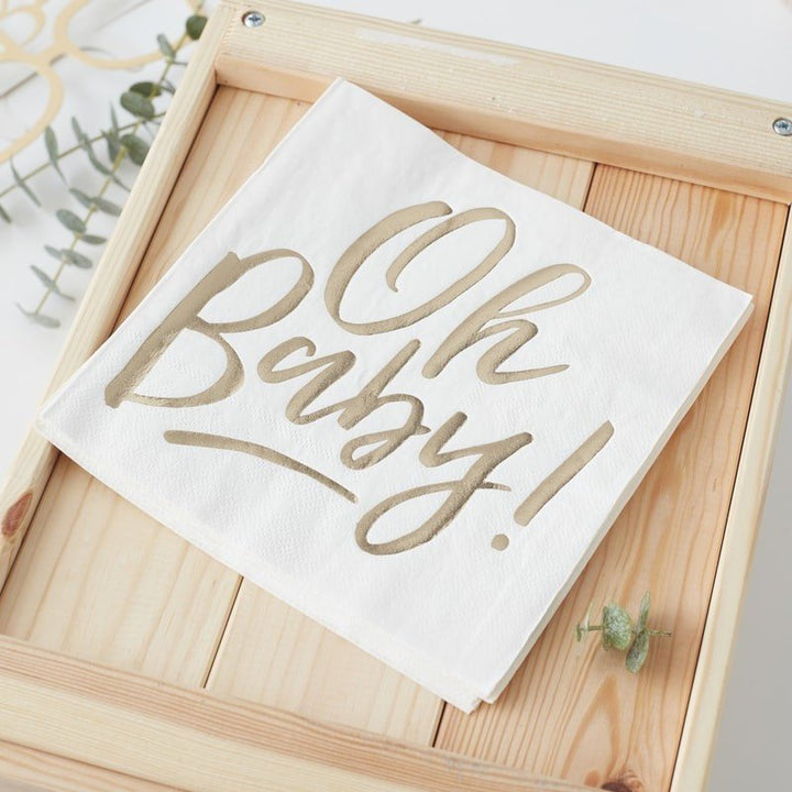 White and gold baby shower napkins - Oh Baby paper napkins - Gold foiled napkins - Baby shower decor - Baby shower tableware - Pack of 16