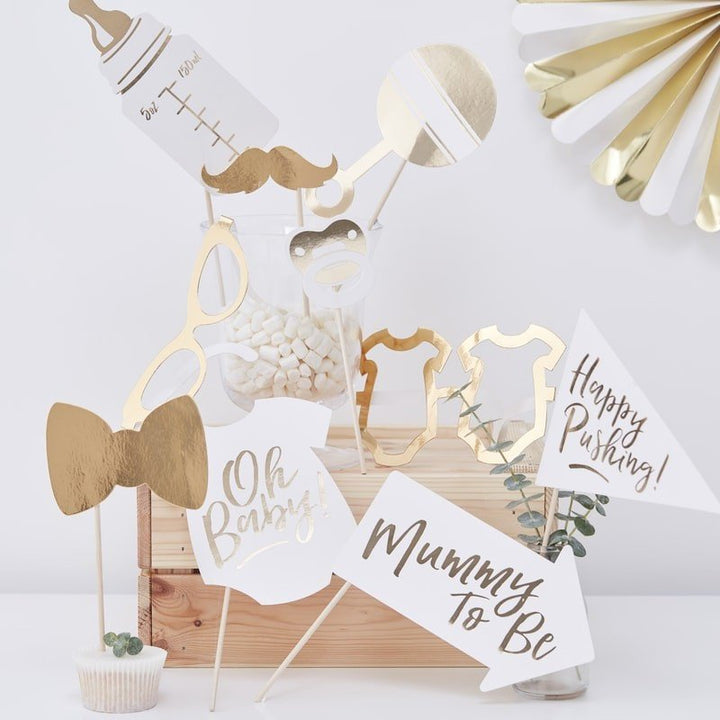 Baby shower photo booth props - Oh Baby gold and white photo booth props - Baby shower games - Gold and white baby shower props - Pack of 10
