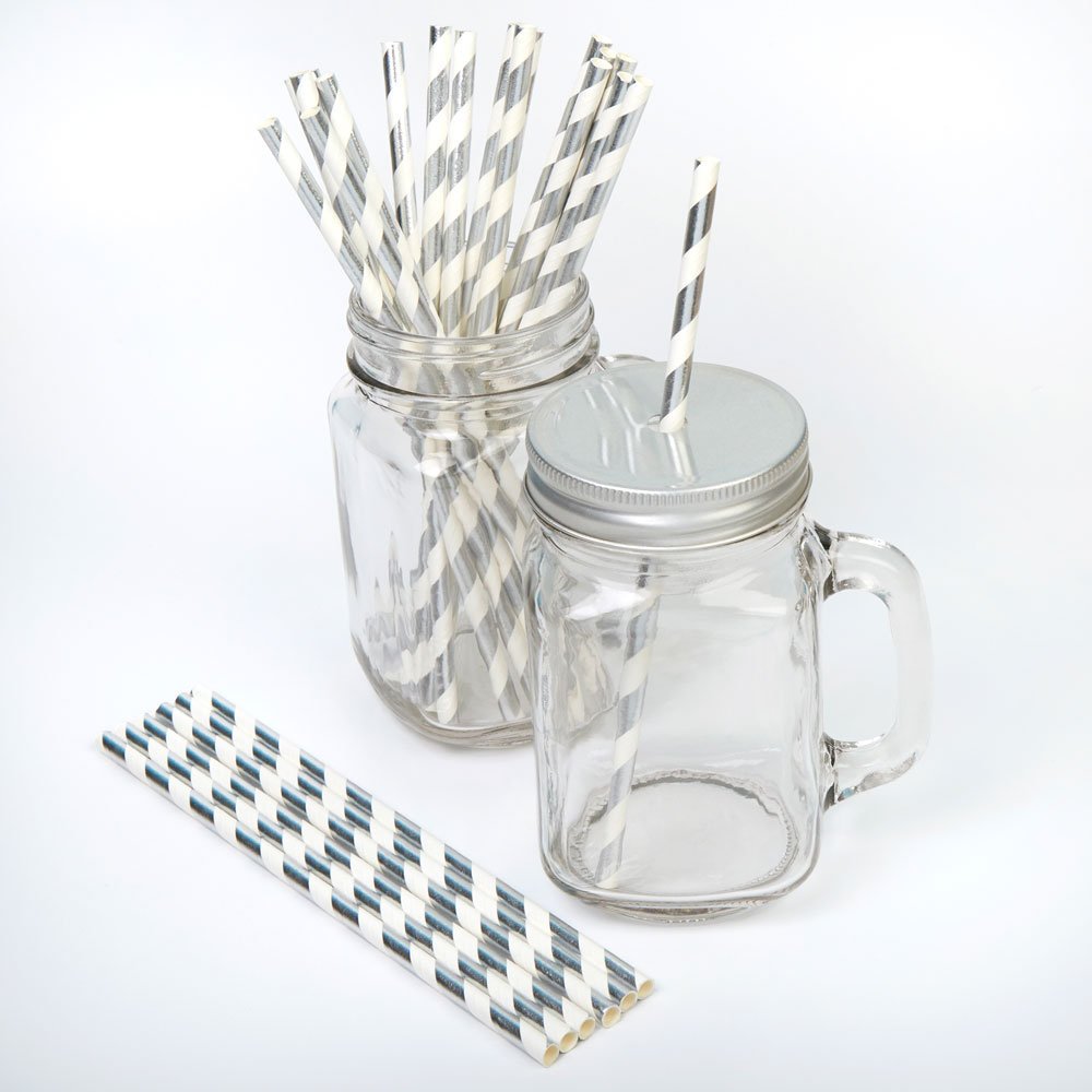 Silver and white striped paper straws - Silver straws - Christmas party straws - Birthday party straws - Baby shower straws - 25 pack