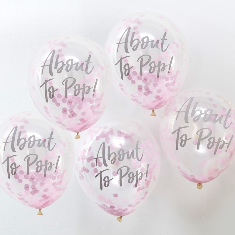 About To Pop Pink Confetti Baby Shower Balloons, Pack of 5