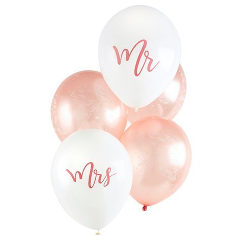 Rose gold Mr and Mrs balloons, Pack of 5