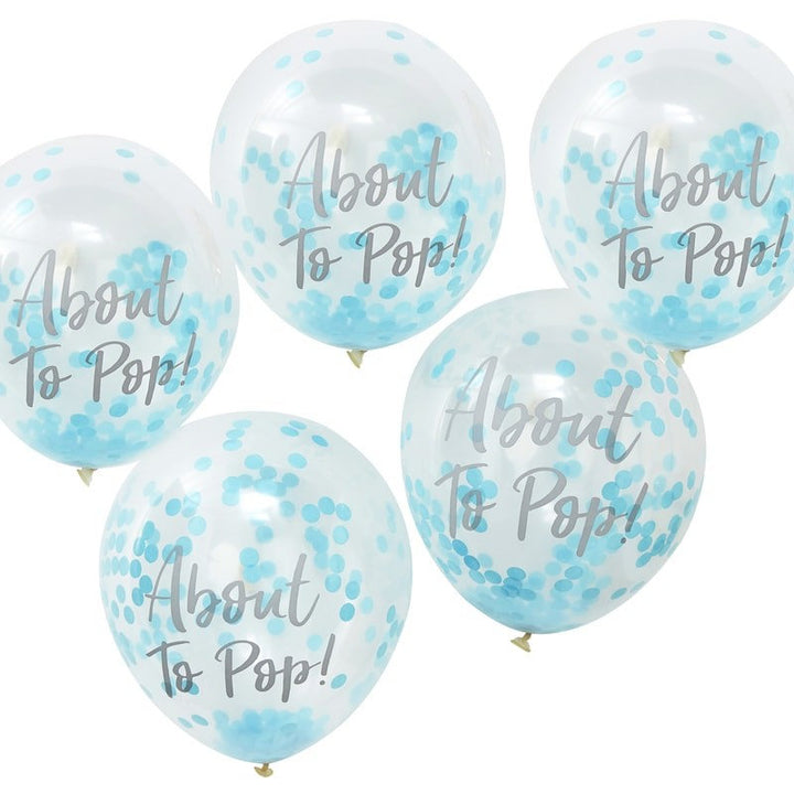 About To Pop Blue Confetti Baby Shower Balloons, Pack of 5