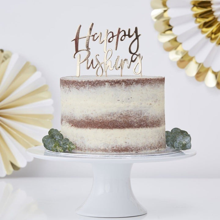 Gold Happy Pushing Baby Shower Cake Topper