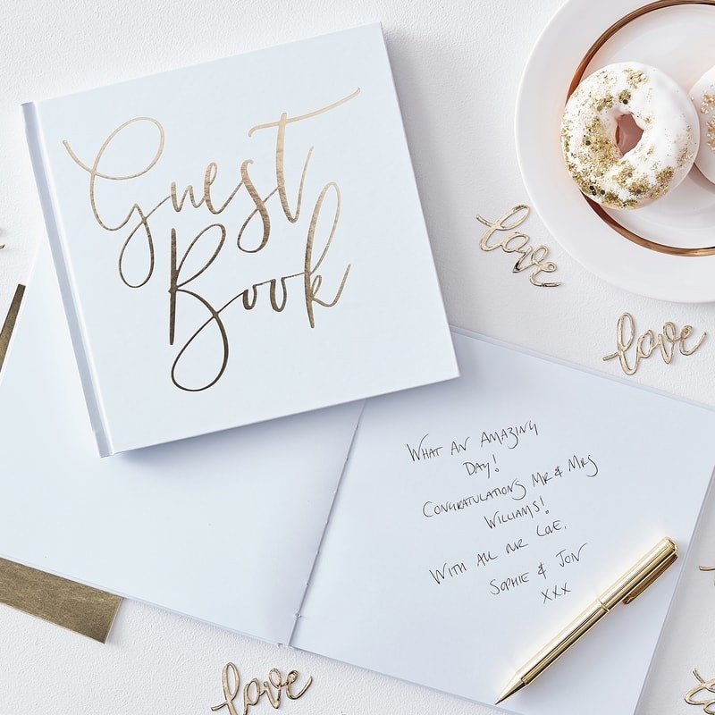 White and Gold Foiled Wedding Guest Book, Gold Wedding Guest Book