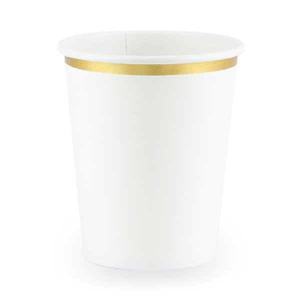 White Paper Party Cups With Gold Foiled Trim - Pack of 6