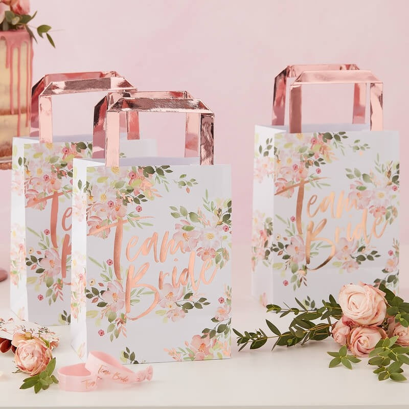 Team Bride Party Bags - Hen Party Floral and Rose Gold Paper Party Bags - Pack of 5