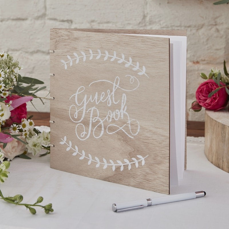 Wooden Wedding Guest Book With White Script - 32 Blank Pages