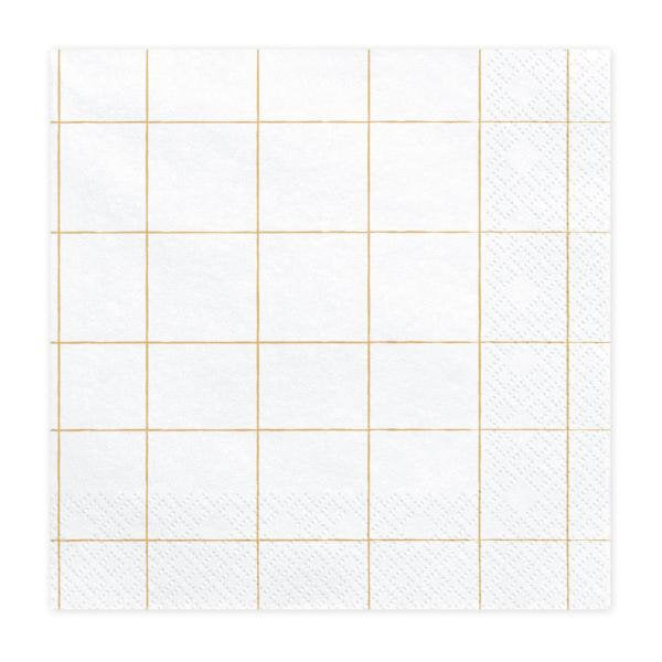 White and Gold Square Grid Design Paper Napkins - Pack of 20