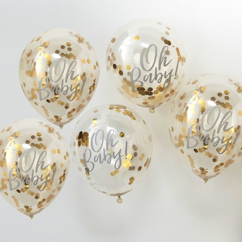 Oh Baby Gold Confetti Balloons - Oh Baby! Baby Shower Balloons - Pack of 5