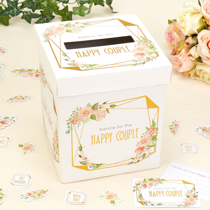 Gold & Floral Wedding Message Box - Wedding Advice Card Box - Advice For The Bride and Groom - Happy Couple