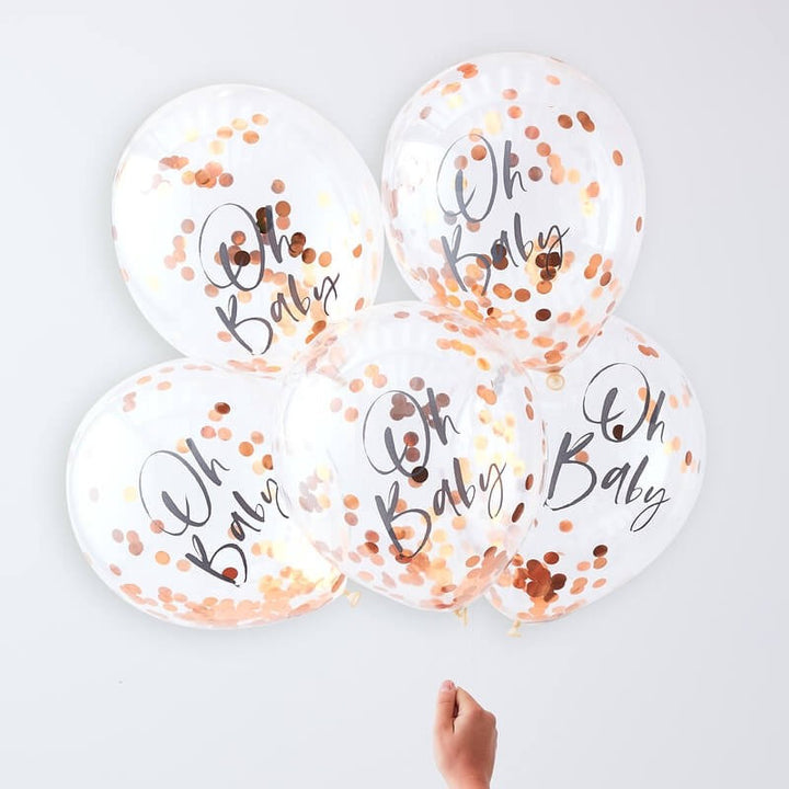 Oh Baby Rose Gold Confetti Balloons - Twinkle Twinkle Baby Shower Balloons - Pack of 5