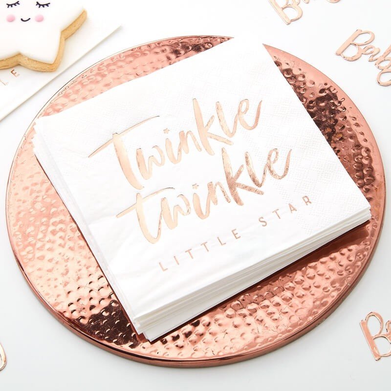Rose Gold Baby Shower Napkins - Twinkle Twinkle Little Star Napkins - White & Rose Gold - Pack of 16