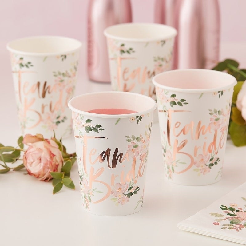 Rose Gold Team Bride Floral Hen Paper Cups - Hen Party Cups - Pack of 8