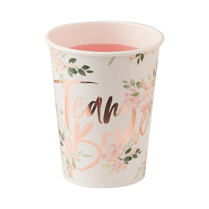 Rose Gold Team Bride Floral Hen Paper Cups - Hen Party Cups - Pack of 8
