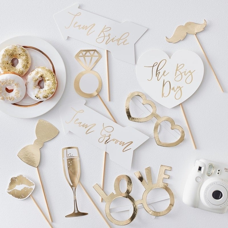 Wedding Photo Booth Props - Gold & White Wedding - Wedding Table Props - Pack of 10