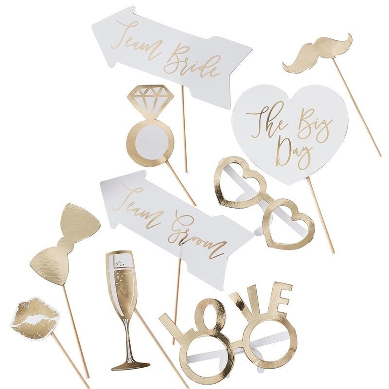 Wedding Photo Booth Props - Gold & White Wedding - Wedding Table Props - Pack of 10