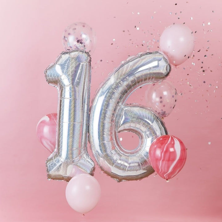 Giant 16 Balloon Bundle - Iridescent & Pink 16th Birthday Stargazer Balloons - Party Decorations - Pack of 8