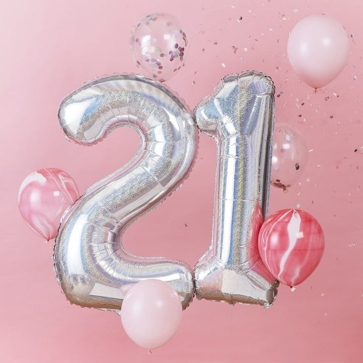 Giant 21 Balloon Bundle - Iridescent & Pink 21st Birthday Stargazer Balloons - Party Decorations - Pack of 8