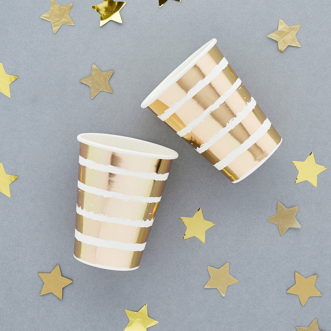 Gold Stripe Paper Cups - Gold & White Paper Party Cups - Party Tableware - Engagement Party - Baby Shower - Party Decorations - Pack of 10
