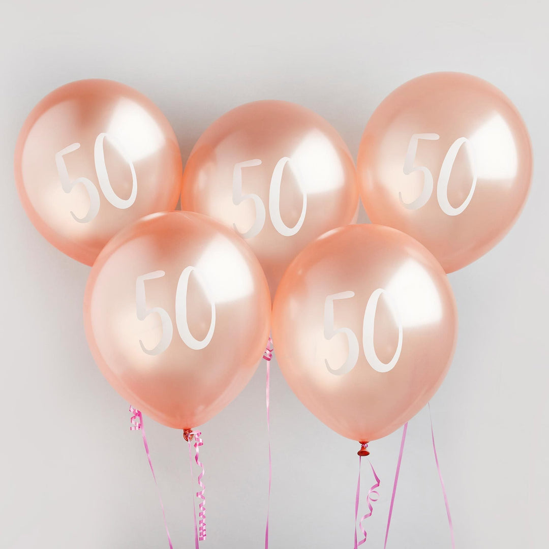 Rose Gold 50th Birthday Balloons - Happy Birthday 50 Balloons - Rose Gold & White Balloons - Party Decorations - Pack of 5