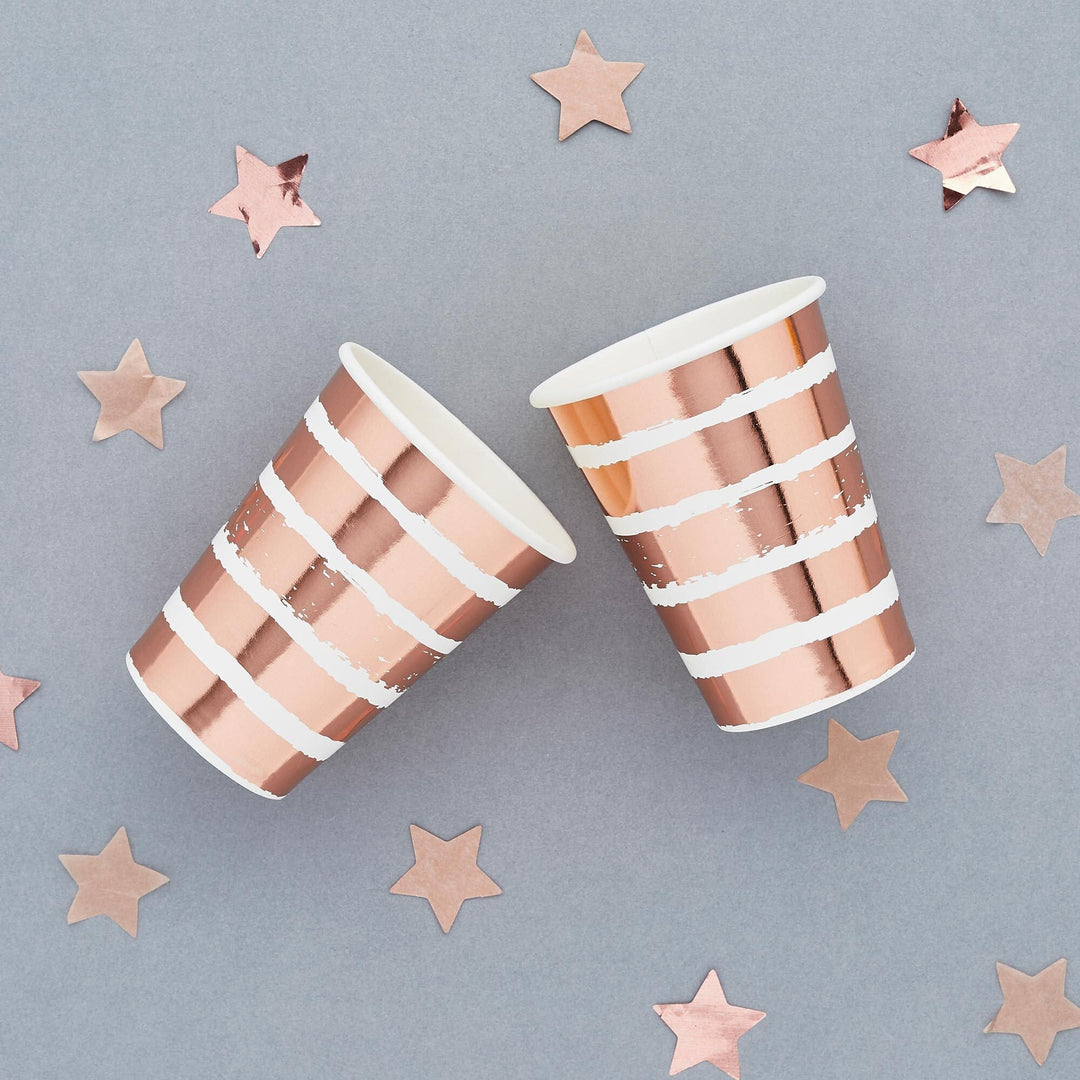 Rose Gold Stripe Paper Cups - Rose Gold & White Paper Party Cups - Party Tableware-Engagement Party-Baby Shower-Party Decorations-Pack of 10