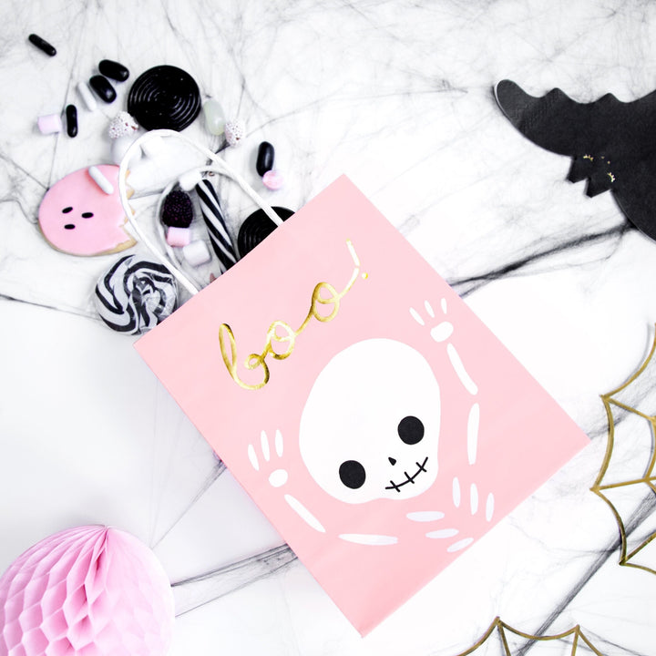 Halloween Party Bags - Pink Halloween Trick Or Treat Bags - Pink Bats - Boo Skeleton Paper Bags - Kids Halloween Bags - Pack of 6