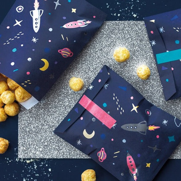 Space Party Treat Bags - Blue Space Scene Favour Bags - Party Loot Bags - Sweetie Bags - Space Birthday Party Decor - Pack of 6