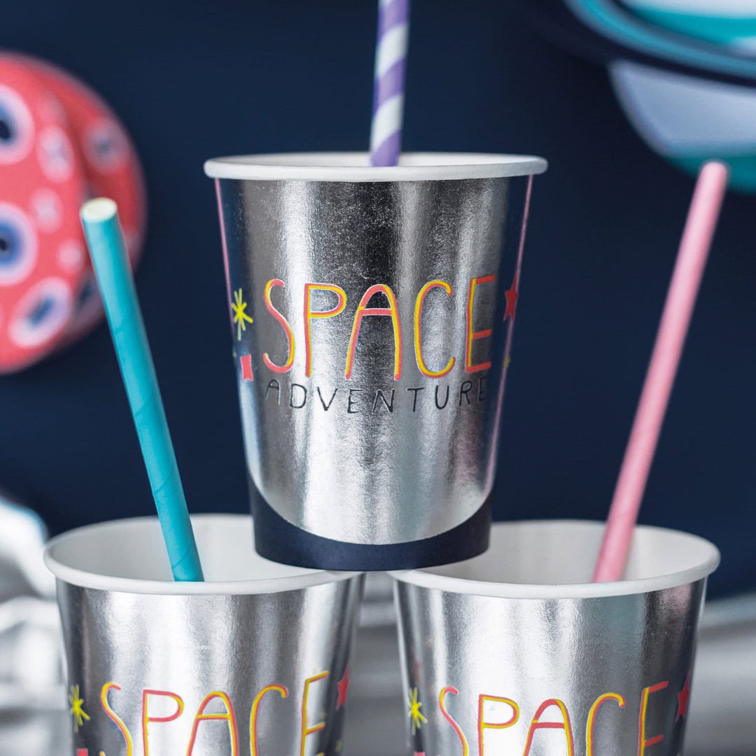 Silver Space Party Cups - Space Adventure Paper Cups - Space Party Paper Cups - Birthday Party Tableware - Pack of 6