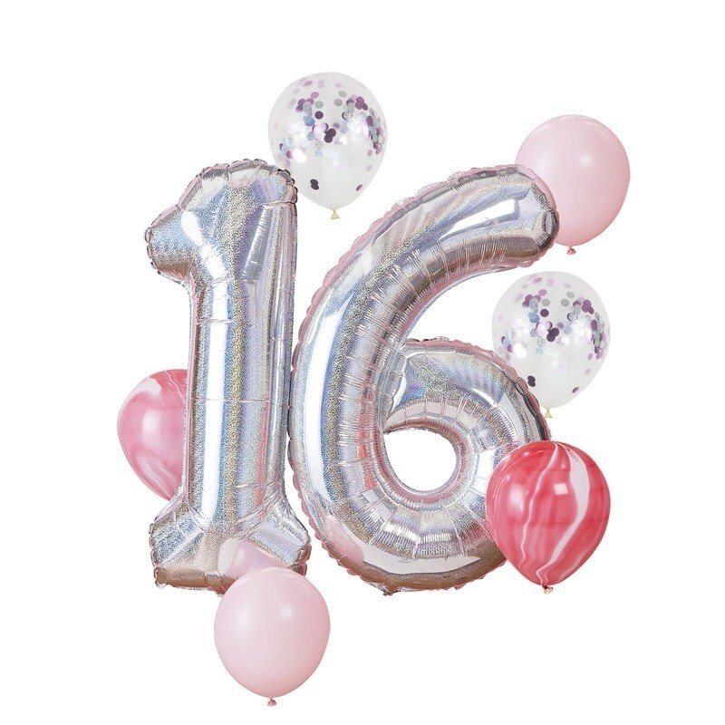 Giant 16 Balloon Bundle - Iridescent & Pink 16th Birthday Stargazer Balloons - Party Decorations - Pack of 8