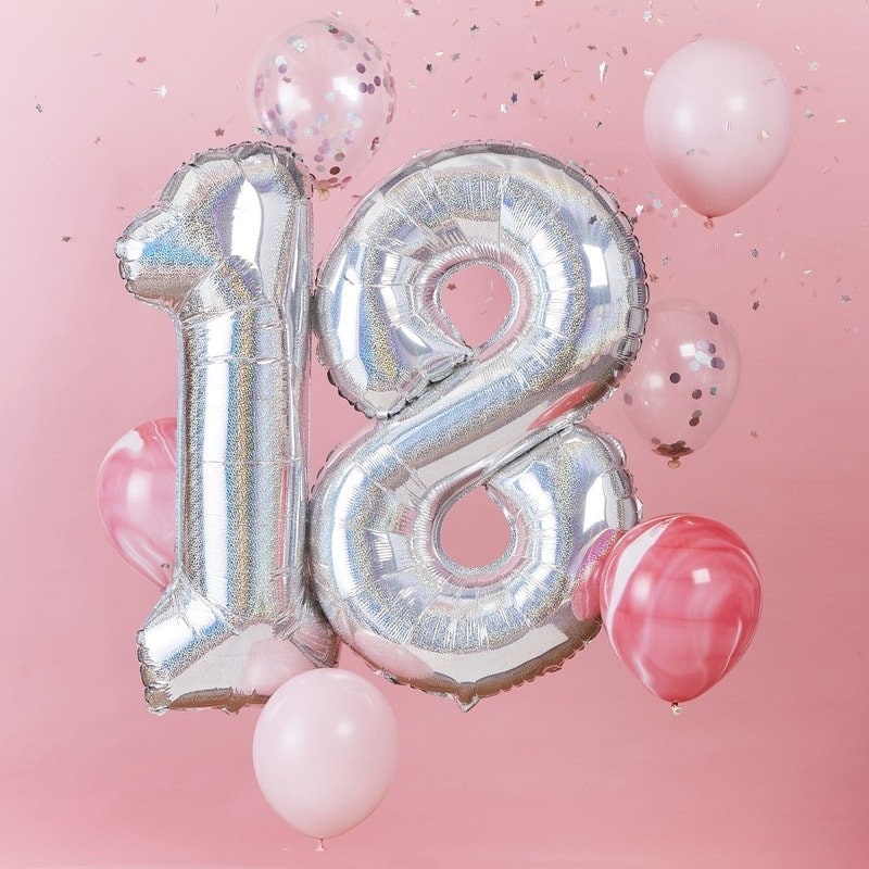 Giant 18 Balloon Bundle - Iridescent & Pink 18th Birthday Stargazer Balloons - Party Decorations - Pack of 8